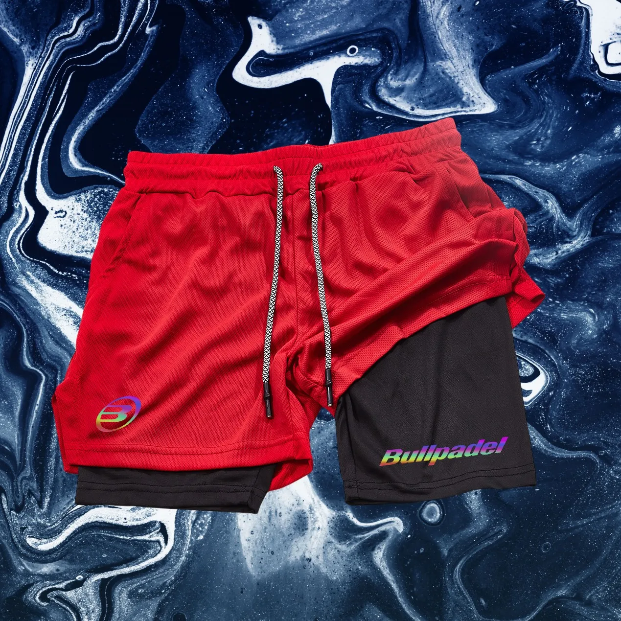 새로운 남성용 프린트 블랙 반바지, 이중 레이어 루즈 스포츠 및 레저 피트니스 반바지