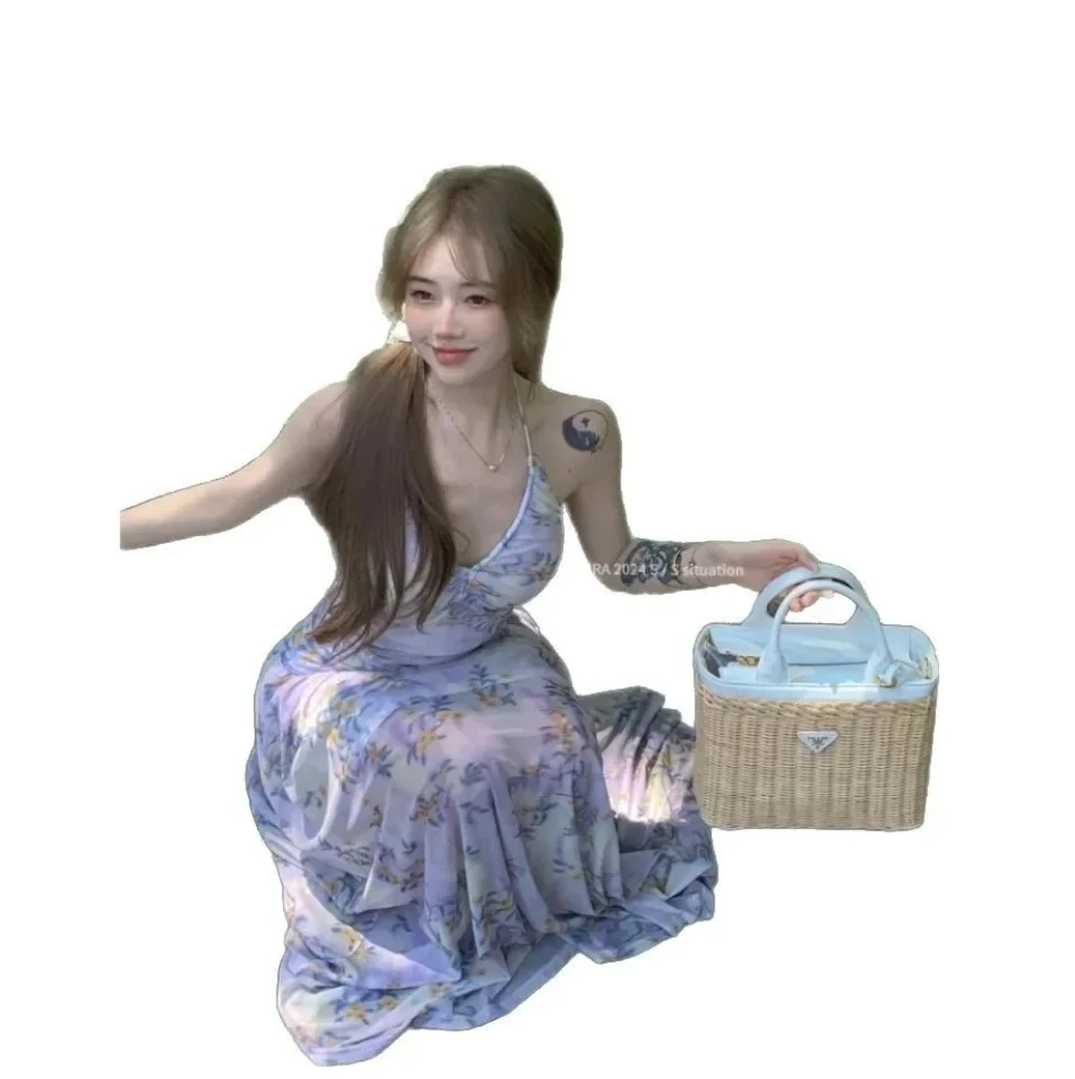 Women's French Vintage Floral Print Halter Neck Strap Dress Backless Elegant Waist Cinching Long Summer Dress Beach Holiday yle