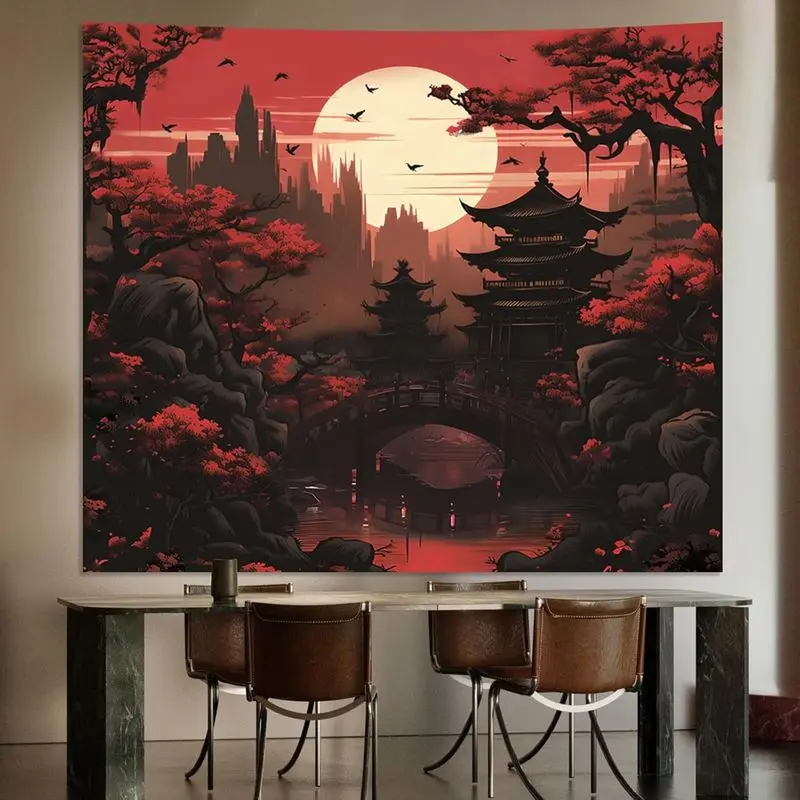 VIKAMA Dark Japanese Castle Tapestry Wall Hanging Red Moon Pagoda Bridge Cherry Blossom Aesthetic Wall Art Bedroom Decor