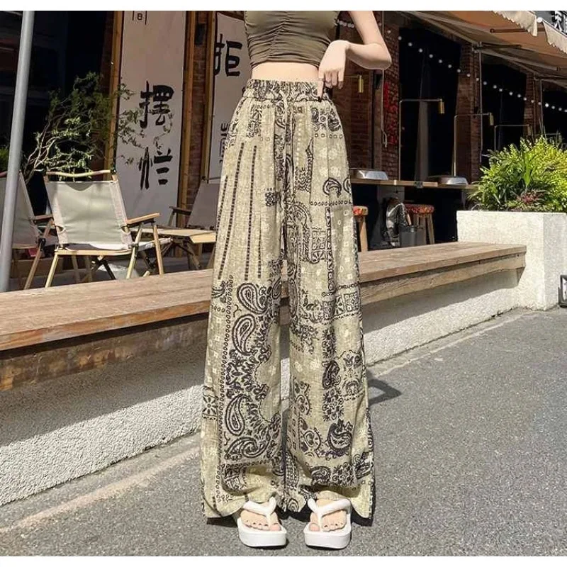 

Women Korean Style Loose Wide Leg Pants Summer Retro Straight Leg Trousers High Waist Slim Fit Casual Vacation Flowy Pants