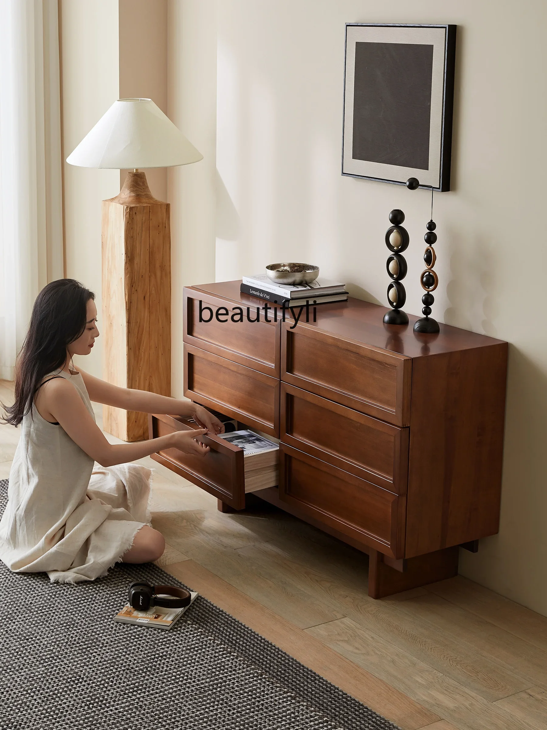 خزانة من الخشب الصلب مكونة من ستة أدراج لغرفة المعيشة وخزانة ذات أدراج خفيفة فاخرة لغرفة النوم وخزانة أمامية للسرير في الأوسط القديم #3