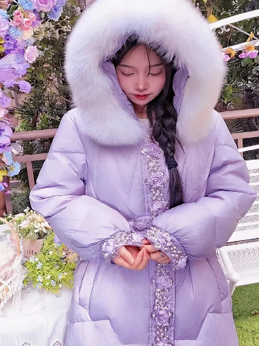 Women's 2024 Winter High-end Luxury Handmade Beaded Purple Three-dimensional Flower Thickened Big Fox Fur White Duck Down Jacket