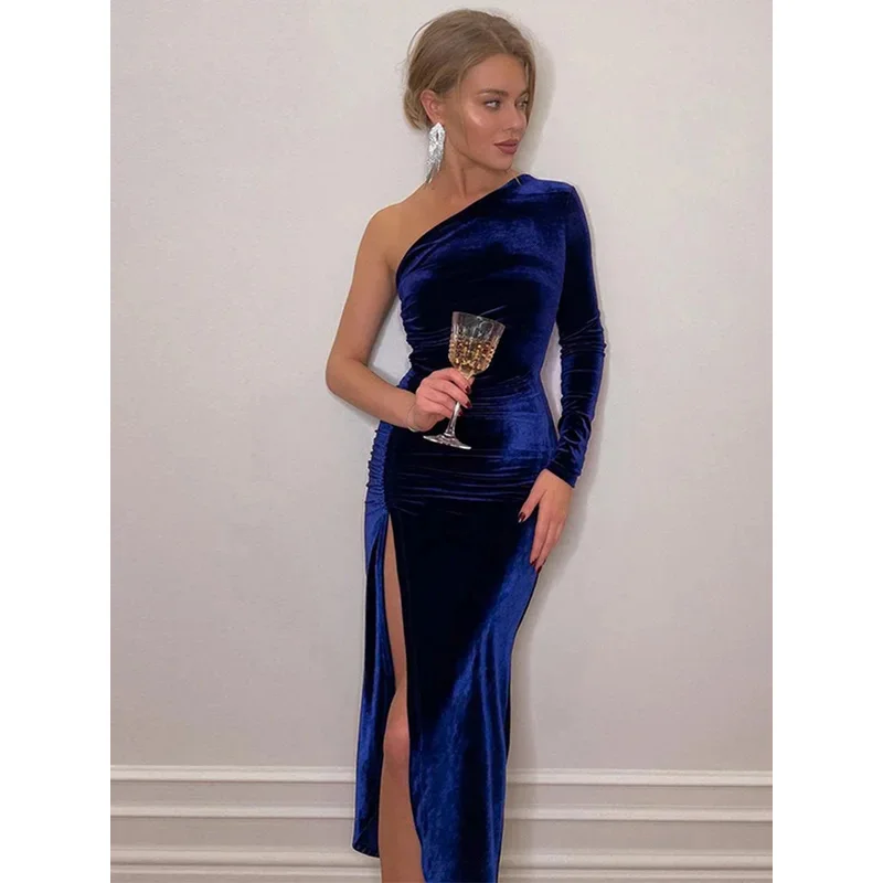 JINIA Women Elegant Long Sleeve Party Evening Velvet Bodycon Split Pencil Midi Dress Spring Autumn Clothes