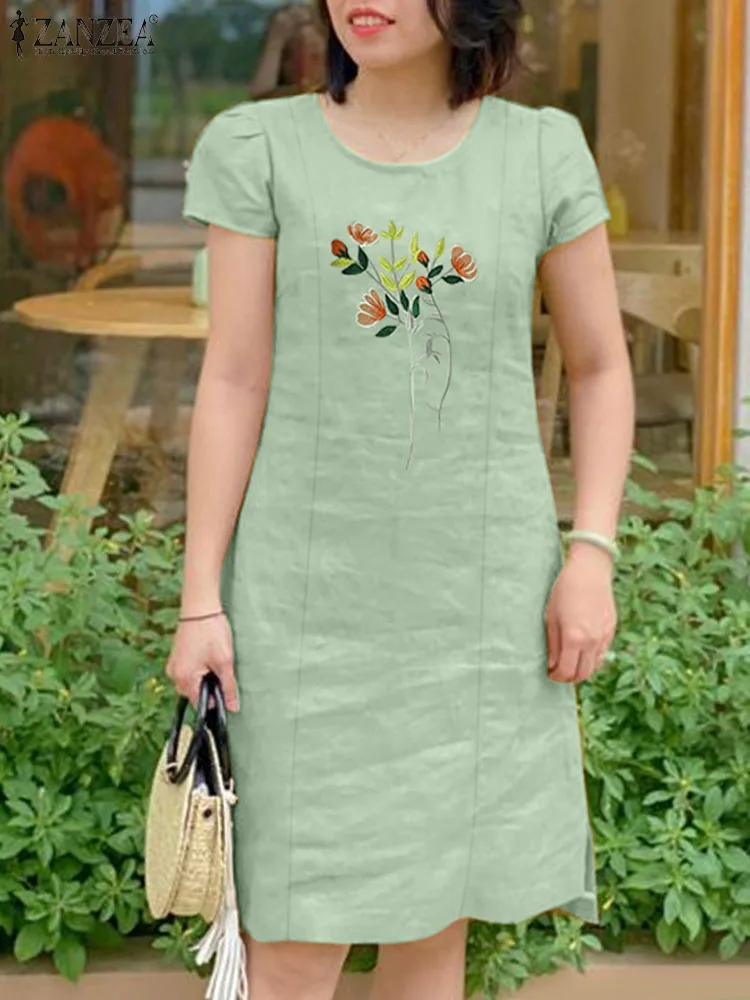 Vintage Blumen stickerei Sommerkleid 2024 Zanzea Mode Sommer o Hals Kurzarm Baumwolle Midi Kleid lässig Urlaub Arbeit Vestido