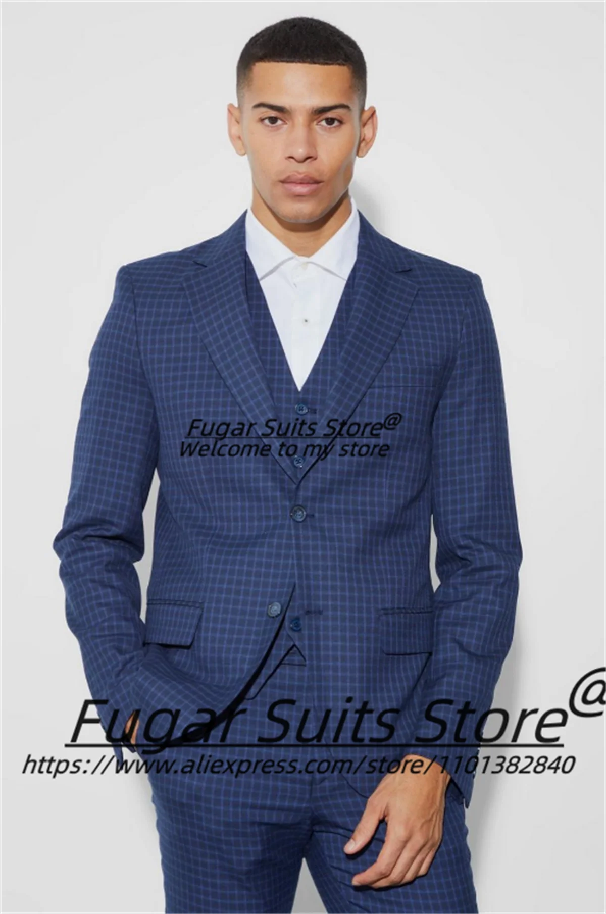 

Business Navy Blue Plaid Formal Men Suits Tailor Made Notched Lapel Beat Man Tuxedos 3Pcs Sets Handsome Male Blazers Ropa Hombre