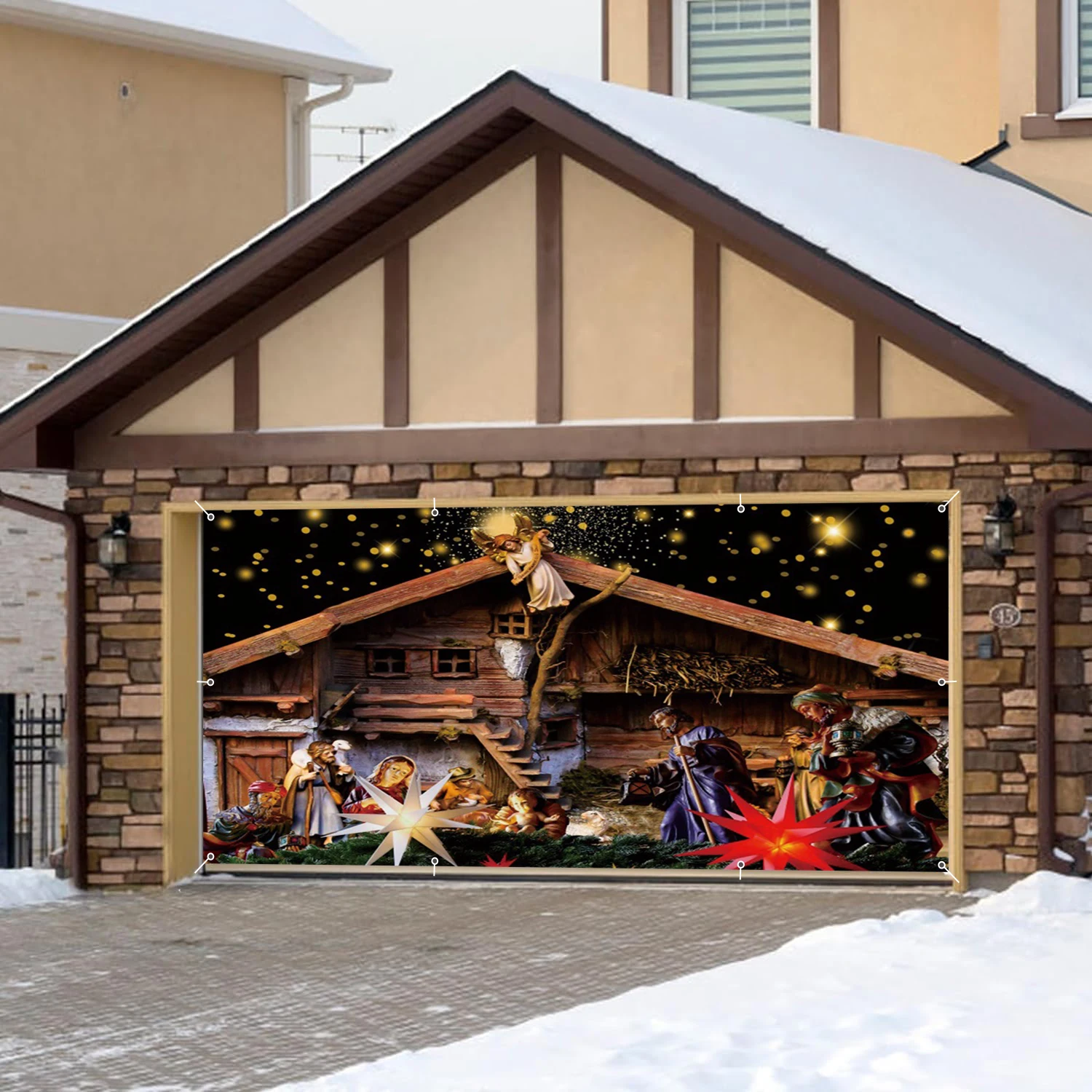 Christmas Family Cross Angel Nativity Garage Wall Background Holy Night Christian Birth of Jesus Garage Door Frame With Hooks