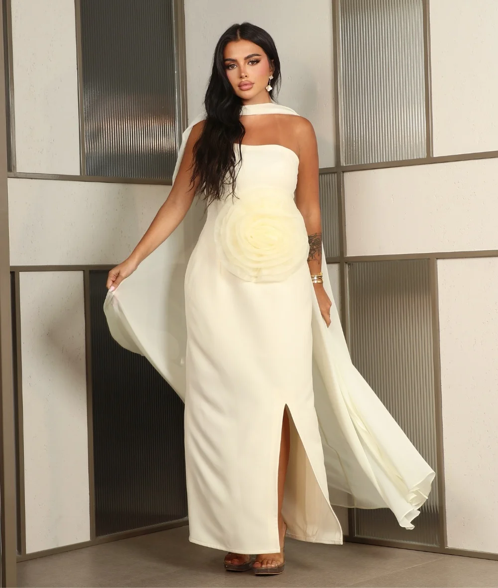 

Customized Simple Jersey Pleat Flower Straight Strapless Long Dresses Bespoke Occasion Evening Formal Fashion