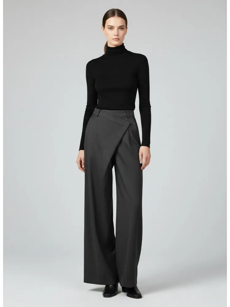 미수오 2026 신상 여성 와이드 레그 테일러드 팬츠 다크 그레이 랩 웨이스트 비즈니스 캐주얼 럭셔리 워크웨어 팬츠 비대칭 바텀