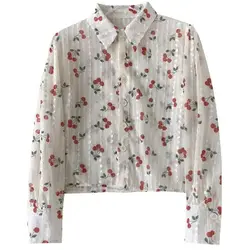 Femme Spring Summer Korean Fashion Button Printing Polo Collar Women Shirts Vintage Trend All-match Appear Thin Long Sleeve Tops