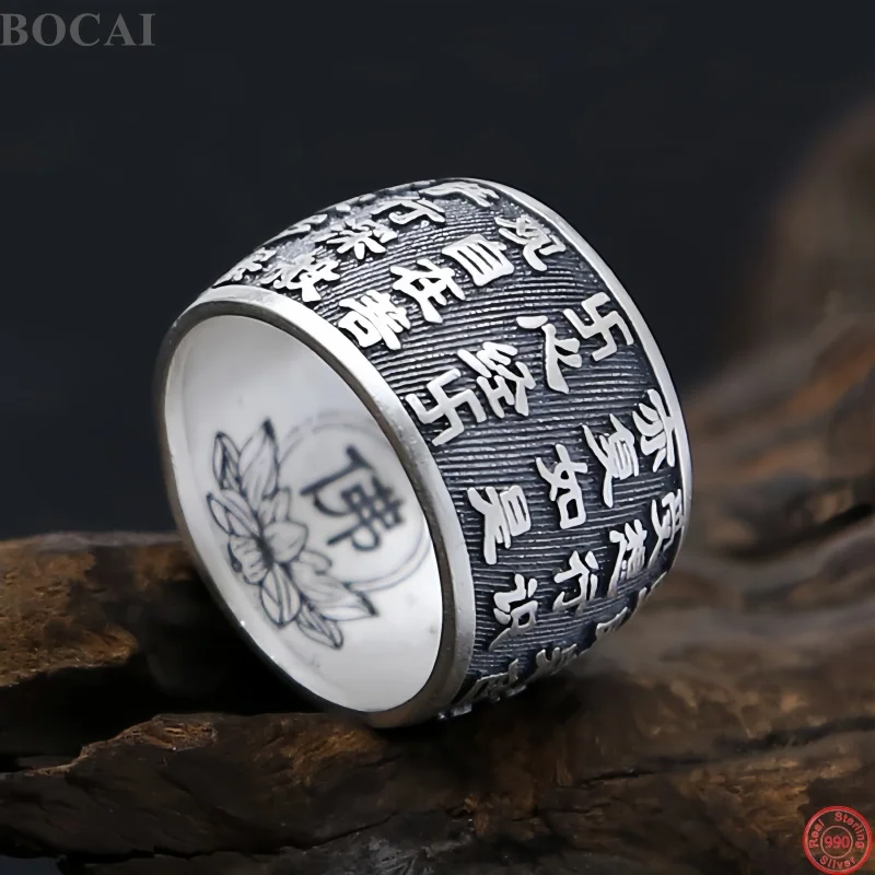BOCAI New S990 Sterling Silver Ring for Women Men Relief Heart Mantra Antique Matte Finish Charms Wide Rings Fine Choice Jewelry