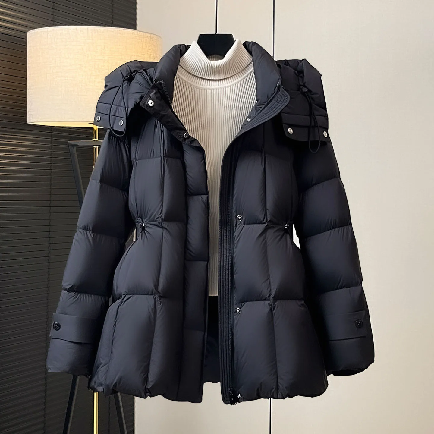 

Women's A-line Hooded Down Jacket Winter Solid Color Quilted Drawstring Puff Coat Korean Fashion Elegant Female Thicken Overcoat