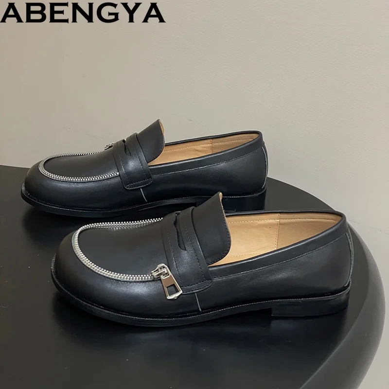 

Spring Autumn Women's Loafers Black Leather Zipper Decor Flat Casual Shoes For Women Round Toe Slip On Dress Shoes Ladies Mules
