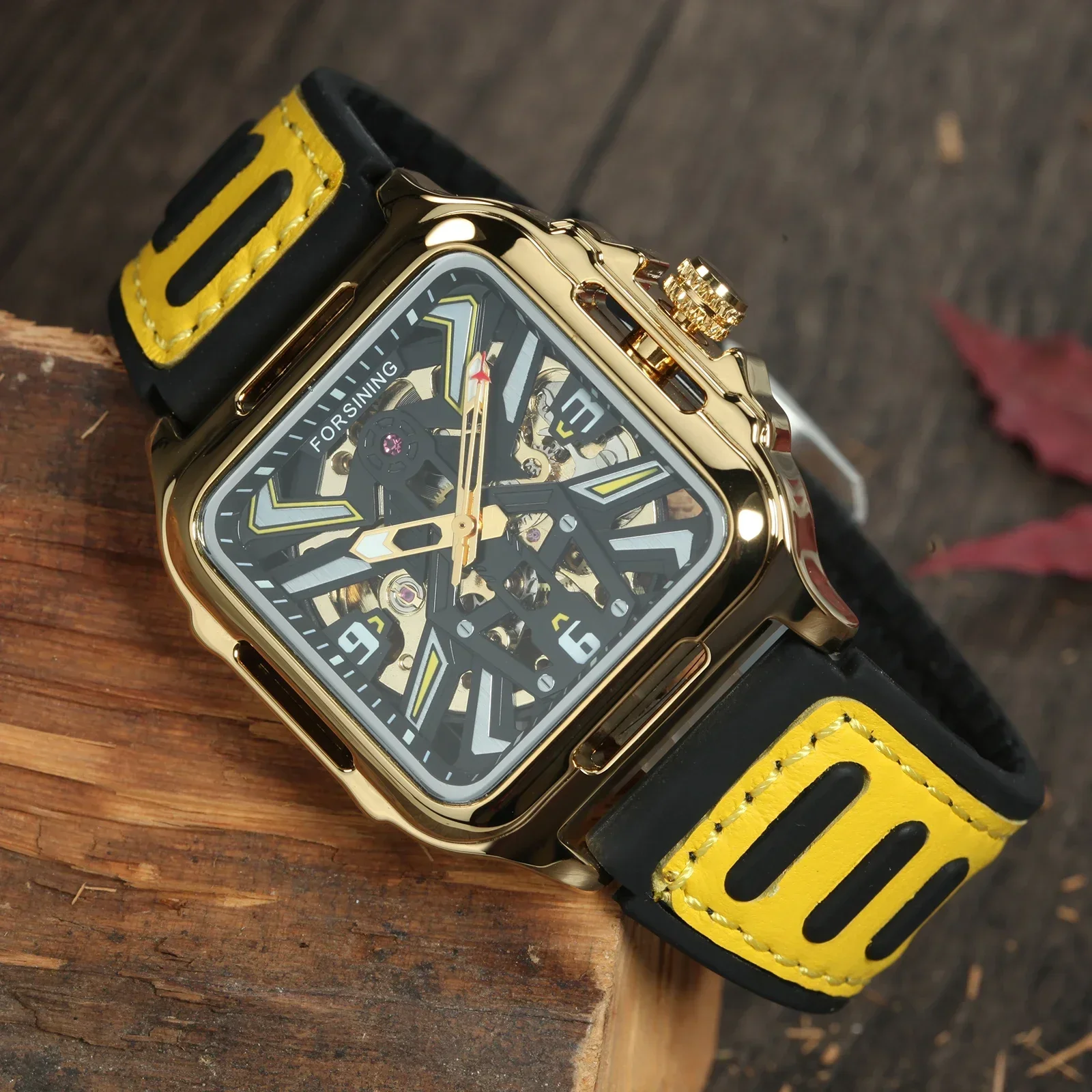 

Clean 3135 Movement Men Watch Automatic Mechanical Stainless Steel Forsining Gold Black Square Skeleton Automatic Watch For Men