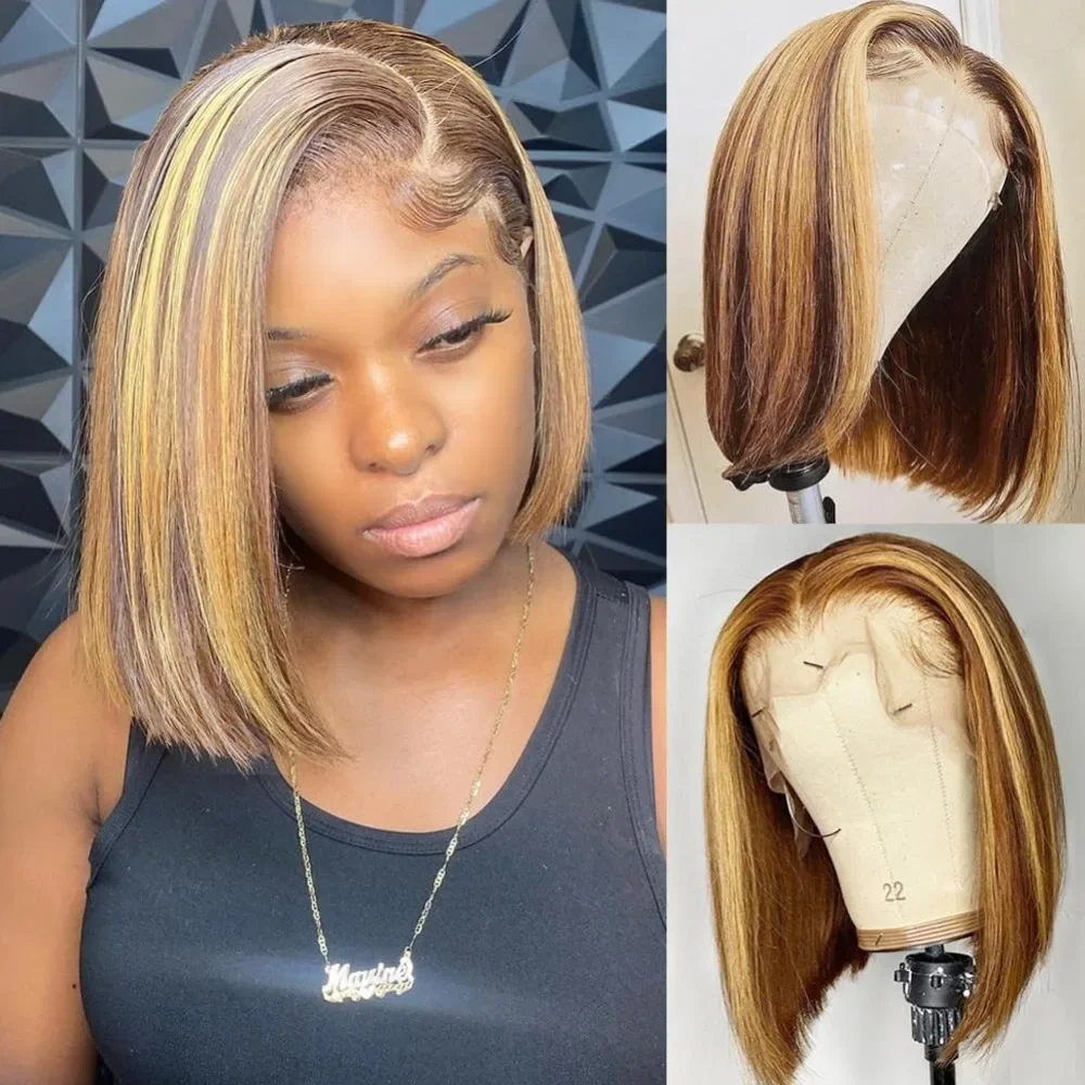 Ombre Brown Blonde Bob Wig 13x4 HD Glueless Lace Front Human Hair Pre Plucked Straight Human Hair for Black Women P4/27 12 Inch