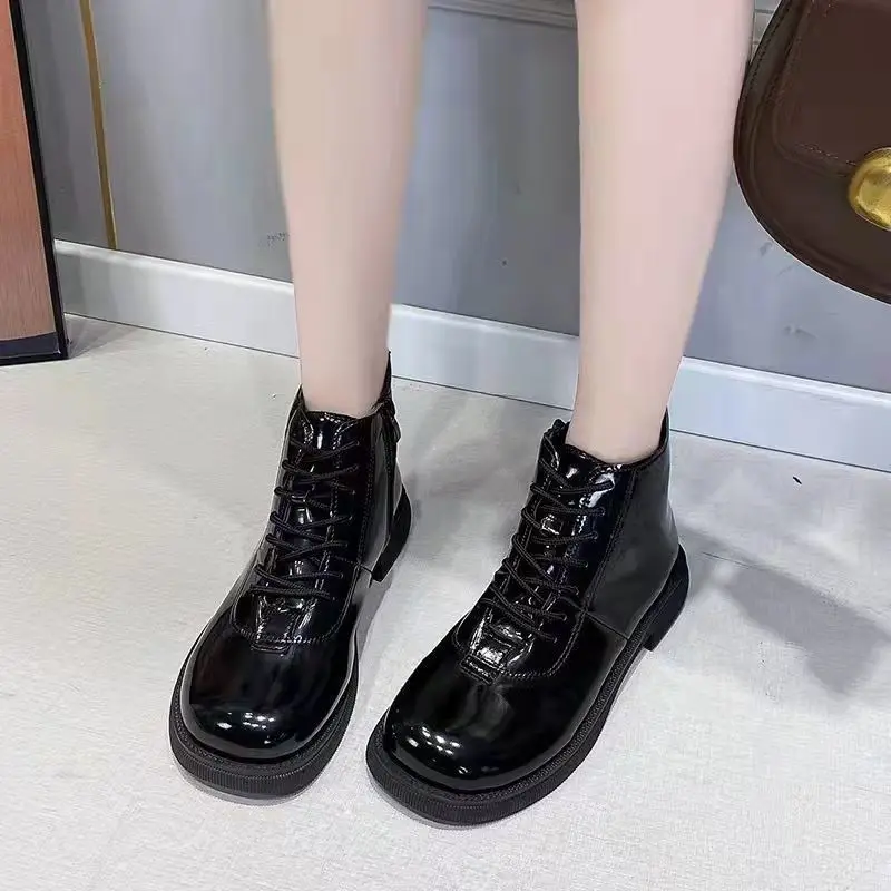 Black Short Shoes for Women Female Ankle Boots Lace-up with Laces Leather Round Toe Footwear Booties Comfortable and Elegant Y2k