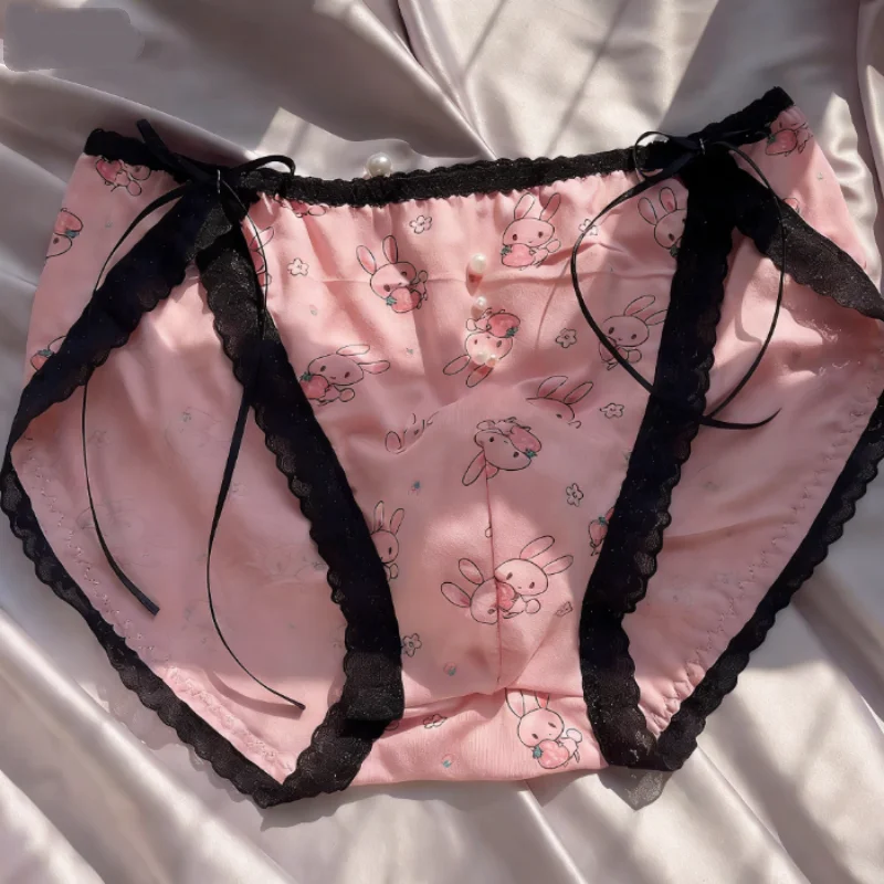 Sexy Pink Men's Sweet Cute Lace Modal Underwear Cartoon Pattern Middle Waist Boxers Briefs Sissy Cosplay Party Costumes BF Gift