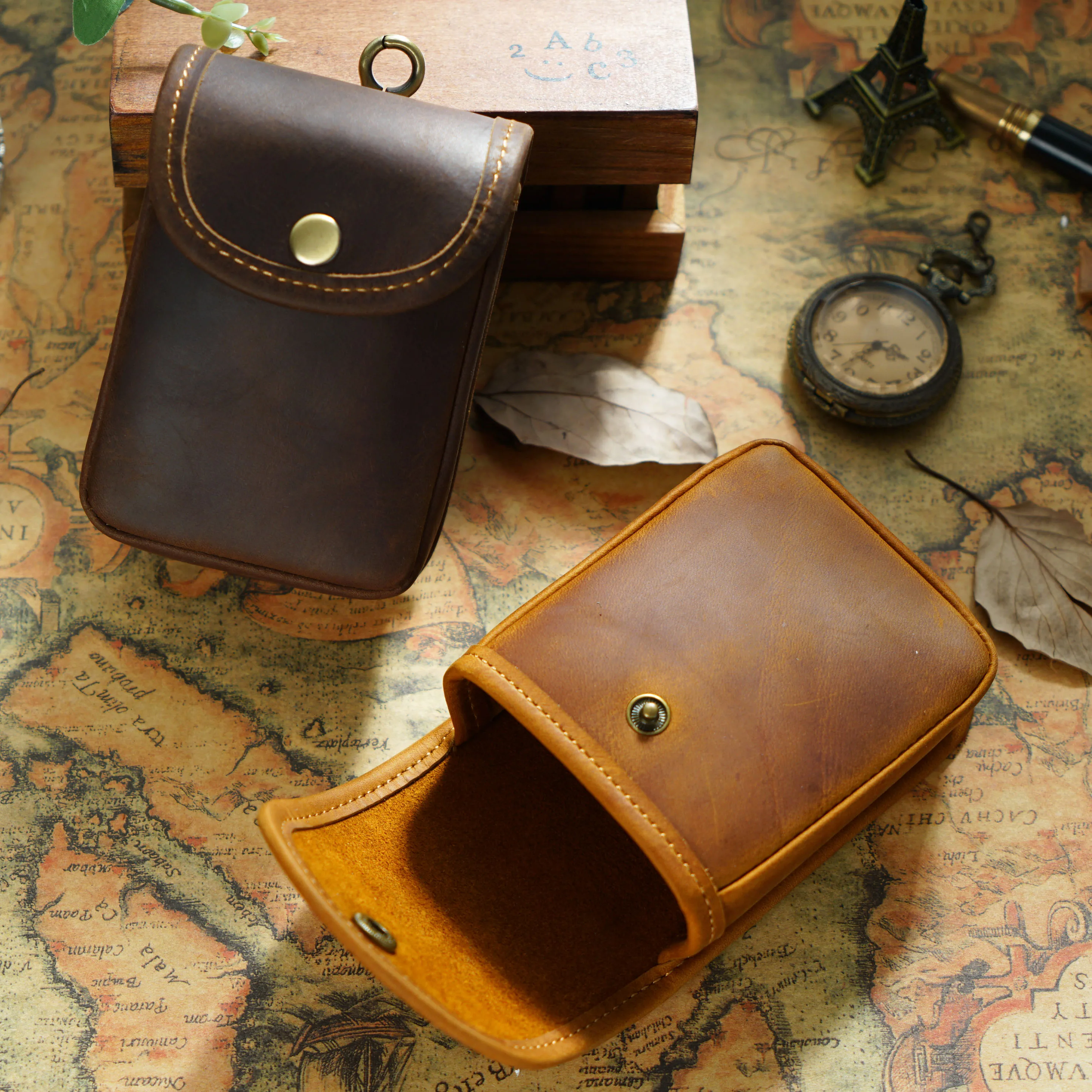 Men's Multi-functional Top Grain & Crazy Horse Leather Waist Bag - Mini Key Holder, Coin Purse & Waist-Mounted Organizer