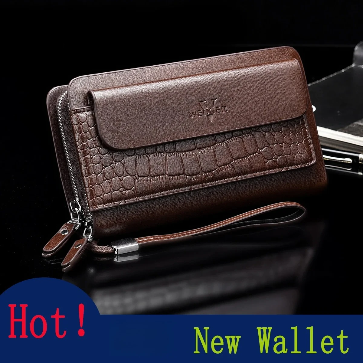 محفظة رجالية طويلة من جلد البولي يوريثان مع جيب للهاتف - محفظة بسحاب ذات سعة كبيرة للبطاقات والنقود والقلم والهاتف المحمول