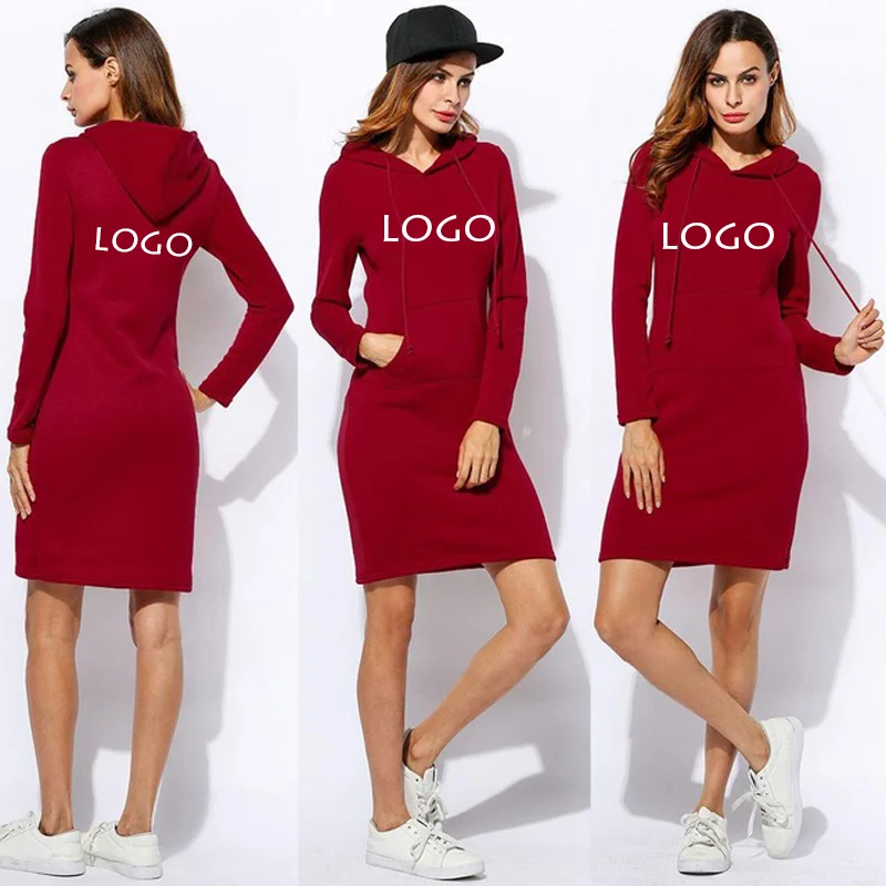 Custom Your Logo Women Hooded Dress Long Sleeve A Line Streetwear Female Casual Sports