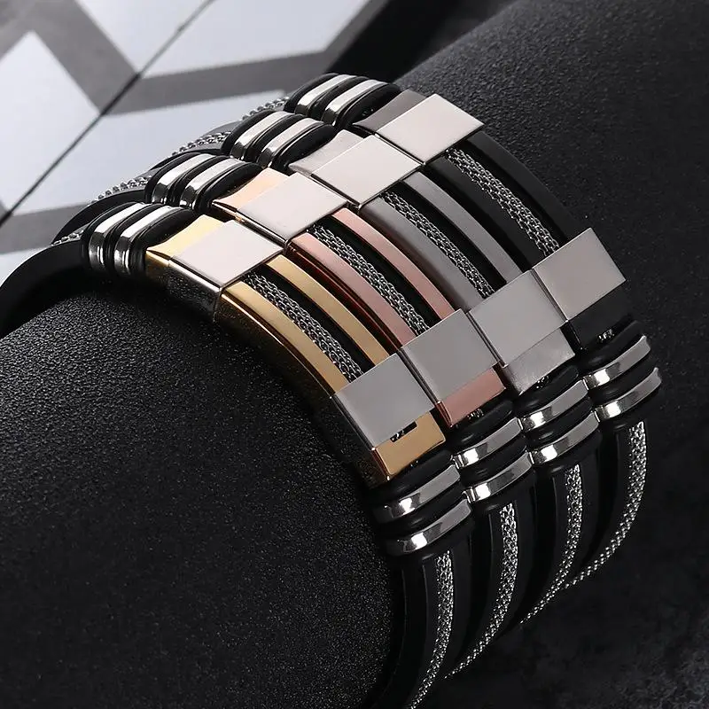 

Classic Stainless Steel Single Layer Silicone Black Bracelet Men's Wristband Punk Style Fold Over Buckle Cuff Bracelet