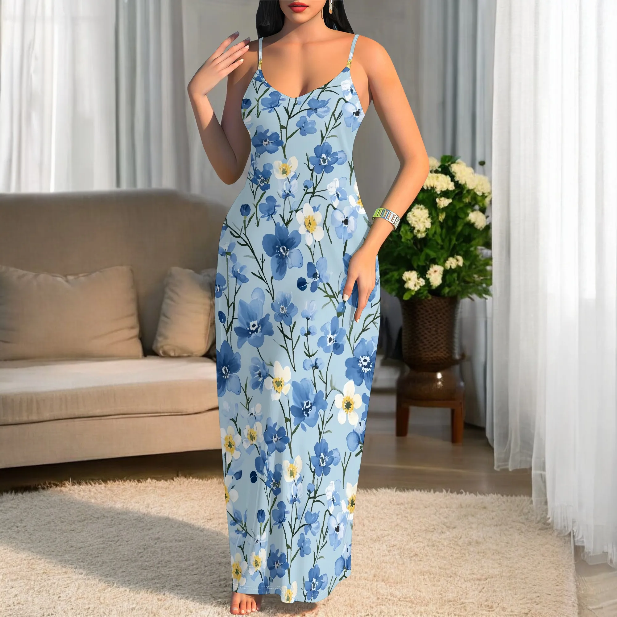

Women's Spaghetti Strap Fashion Blue Floral Pattern Maxi Dresses Sexy Ribbed Bodycon Sleeveless Dresses V Neck Long Dress