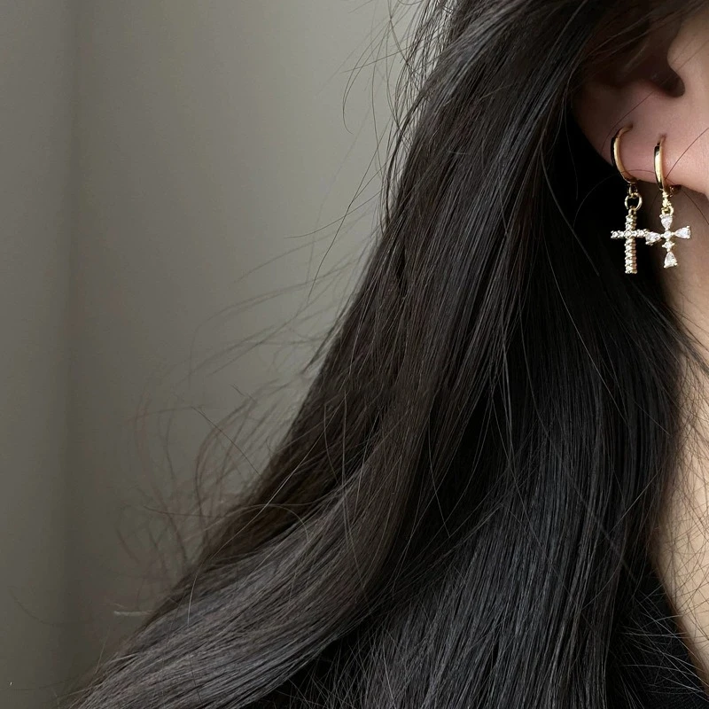 

Tibetan Silver Zircon Cross Pendant Hoop Earrings for Women Punk Personality Fashion Jewelry Minimalist Accessories