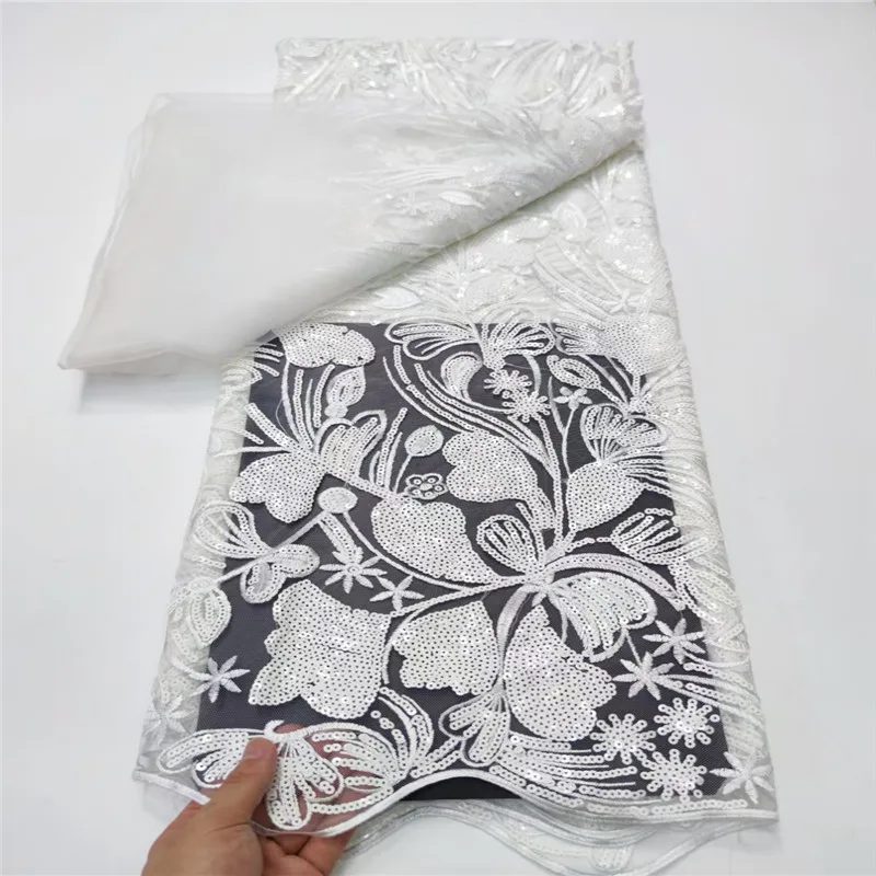 

High Quality African Lace Fabric, Pure White, French Net Sequins, Sewing Embroidered Tulle, Nigerian Lace Fabric, 5Yards