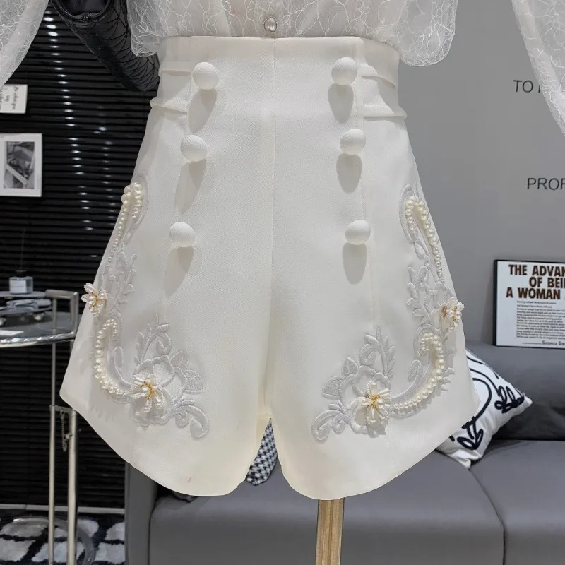 

Elegant Vintage Heavy Beading Shorts for Women Slim Waist Zipper Short Pants Fashion All-match Loose Straight Wide Leg Shorts