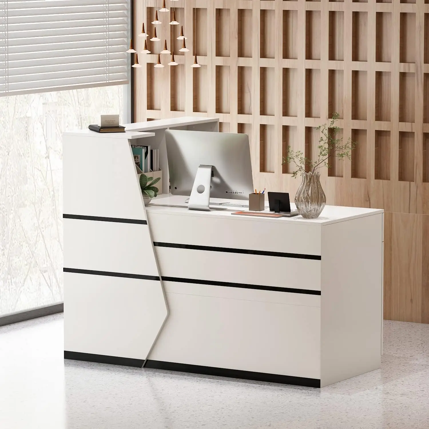 Reception Desk with Hutch, Reception Counter Desk with Lockable Drawers & Shelves,White (55.1