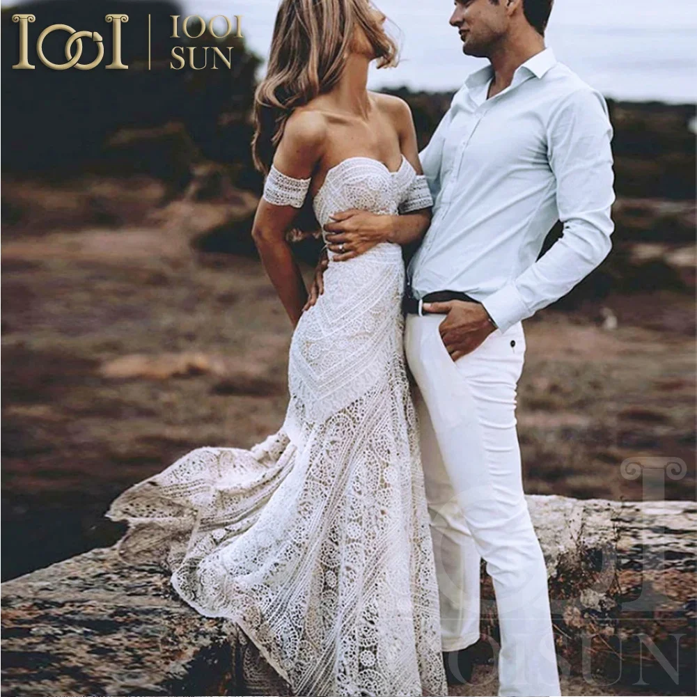 Boho sereia rendas vestidos de casamento mangas destacáveis marfim sereia boêmio vestidos de noiva longo praia vestidos de noiva personalizados