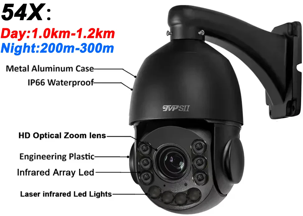 Laser LED Metal Black Max.512G Auto Tracking 8MP 4K 54X Zoom 360° Audio Outdoor ONVIF POE PTZ IP Surveillance Speed Doom Camera