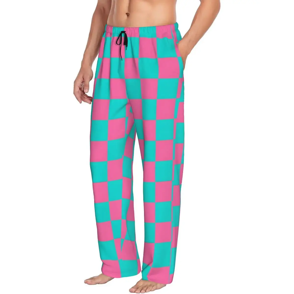 Custom Checker Pajama Pants Sleepwear Men Elastic Waistband Bright Pink And Cyan Sleep Lounge Bottoms with Pockets