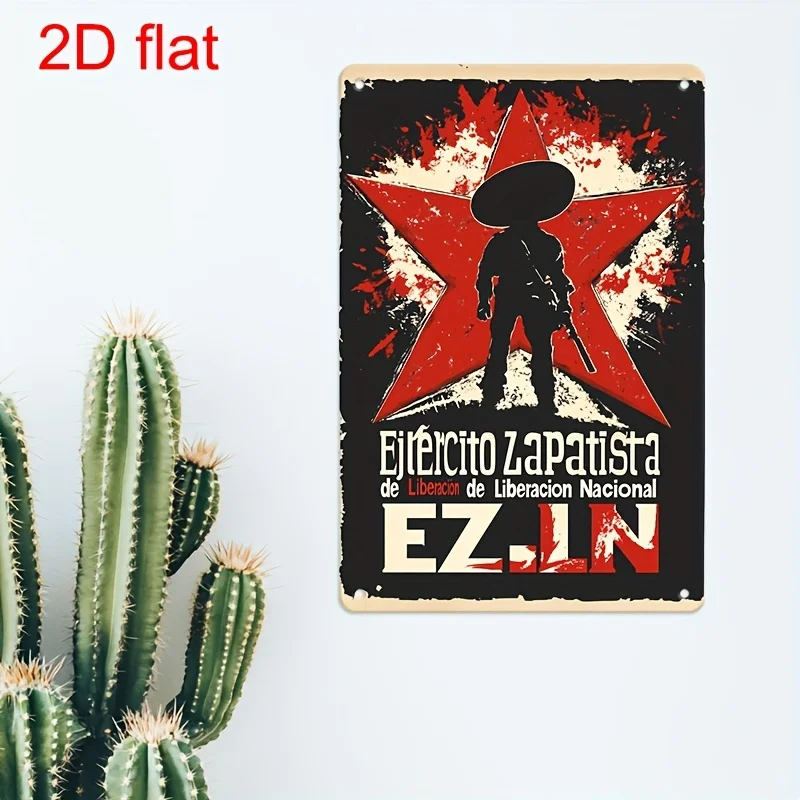 Retro Metal Wall Sign - Zapatista Revolution Decor with Red Star,Spanish Text,  Durable Pre-Drilled for Easy Hanging, Indoor/O