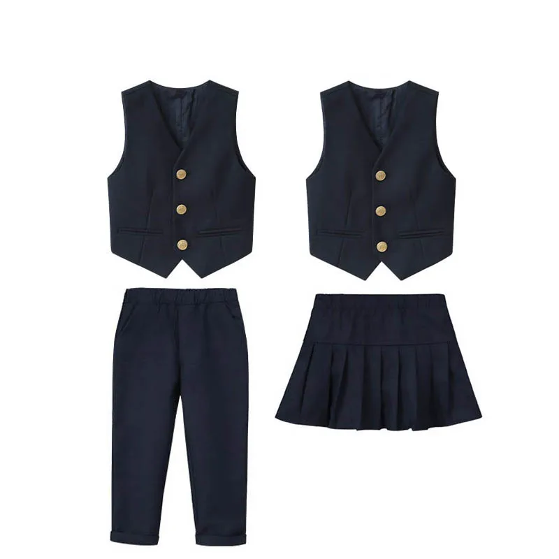 100-180 Big Boys Girls Spring Vest Pants Skirt School Uniform Kids British Style Performance Suit Children Kindergarten Costume