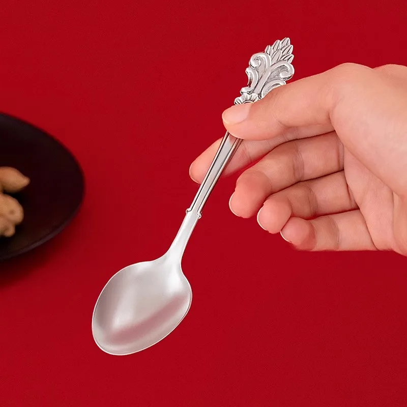 

Vintage Carved 99.9% Pure Silver Spoon Antique Style Silver Fork Household Tableware Fruit Serving Spoon for Elegant Dining
