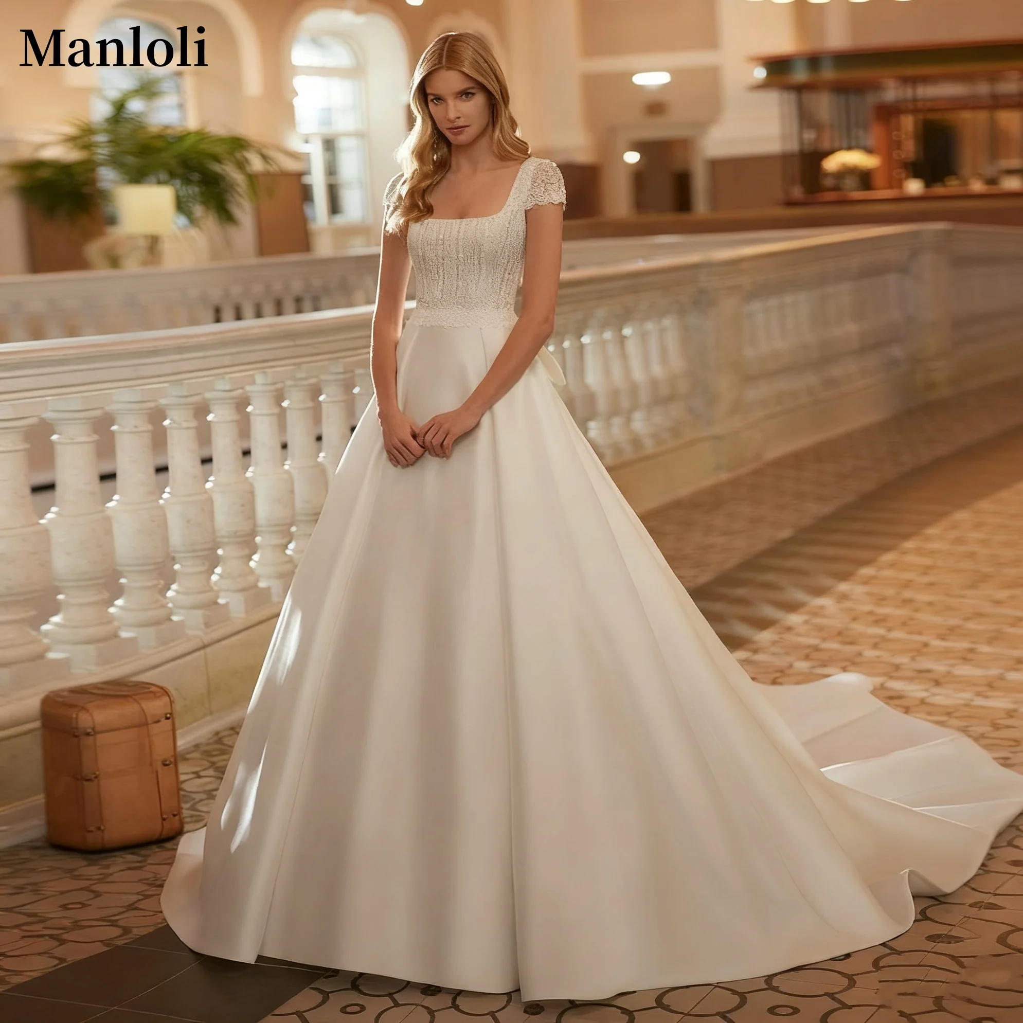 Robe de mariée princesse en Satin, élégante, col carré, dentelle, manches courtes, dos nu, grand nœud, robe de bal, personnalisation