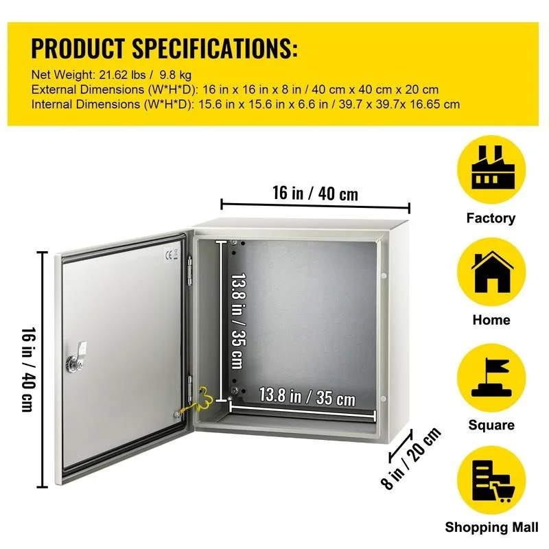 NEMA Steel Enclosure, 16 x 16 x 8'' NEMA 4X Steel Electrical Box, IP66 Waterproof & Dustproof, Outdoor/Indoor Electrical Junction Box, with Mounting Plate