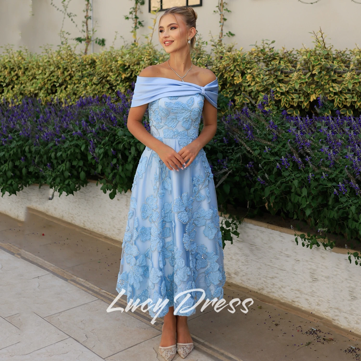 فستان سهرة نسائي أزرق من لوسي زهور ثلاثية الأبعاد فساتين حفلات أنيقة 2025 فساتين لحضور الحفلات الموسيقية للمناسبات الخاصة حسب الطلب