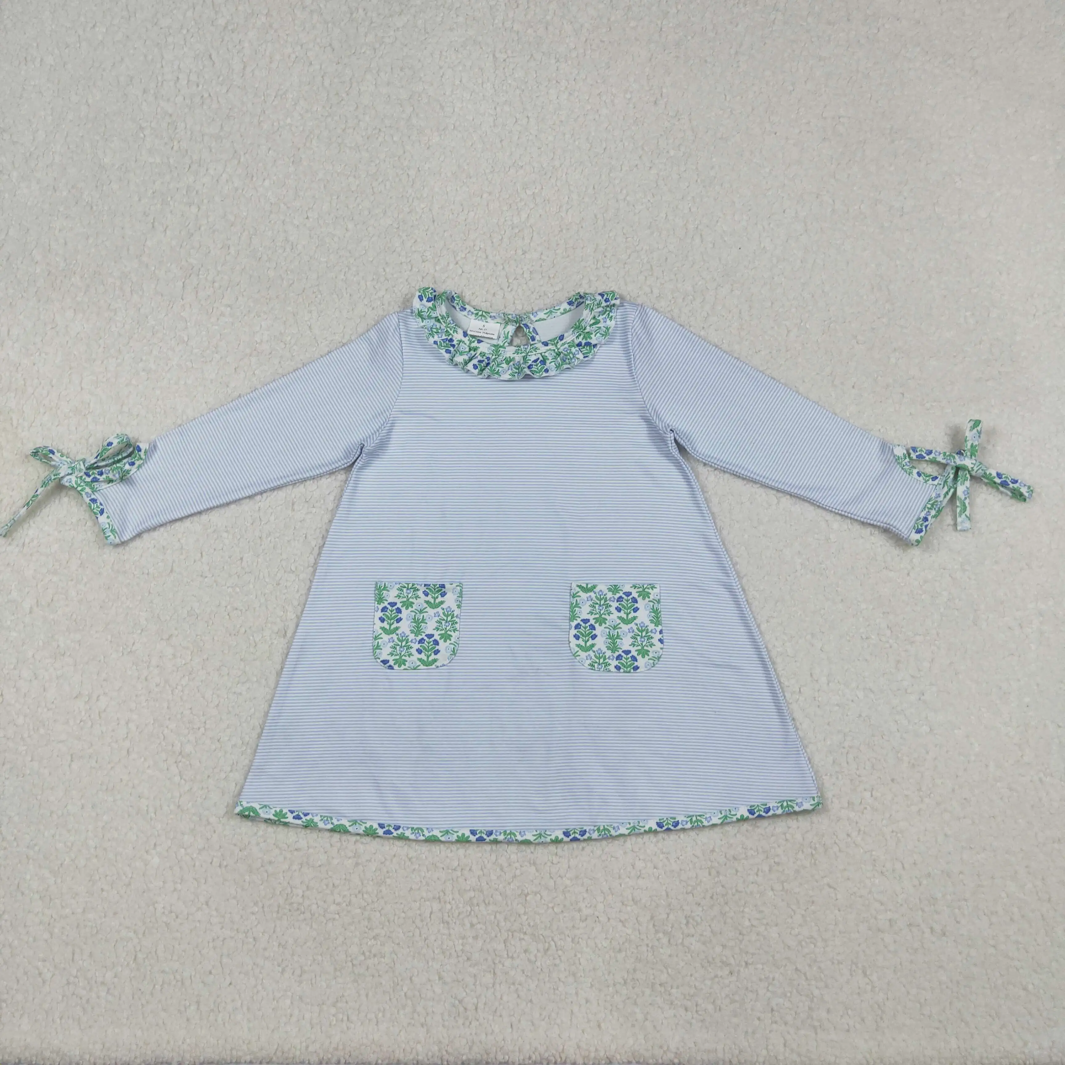 

X9.23 High Quality Blue Stripe Small Flowers Pocket Print Long Sleeve Dress for Girls Children Fall Western Clothes Wholesale