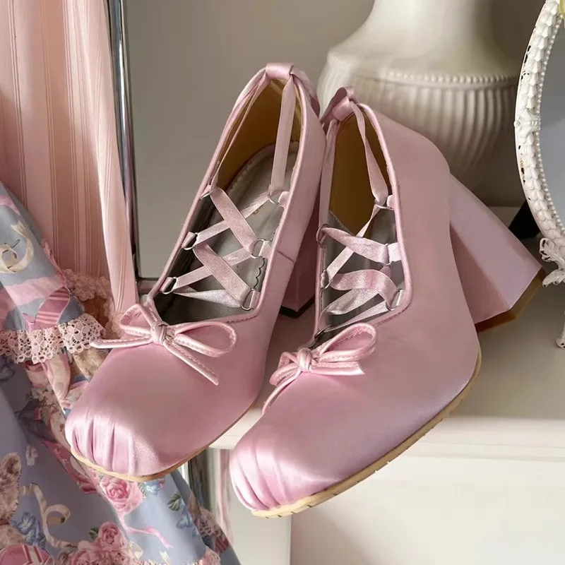 Sweet Small Bowtie Ribbons Cross Lace-up Silk Pumps Blue Pink Ballet Square Toe Chunky High Heels Women Lolita Shoes Mujere