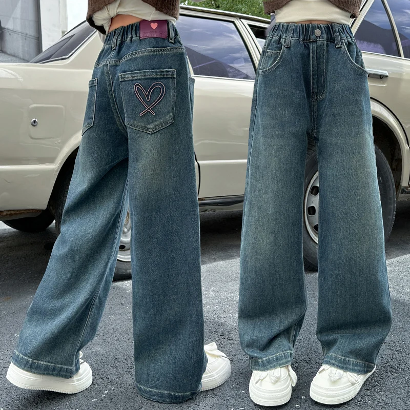 

Elegant Kids Girls Autumn Straight Leg Jeans with Heart Pocket Tweens Child Fashion Casual Blue Denim Pants Age 4 To 14 Years