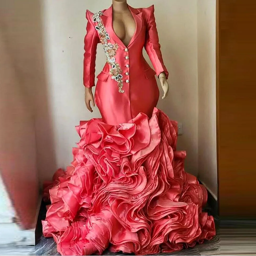 Watermelon Evening Dresses For African Women Ruffles Tiered Puffy Mermaid Prom Dress Appliques AppliquesPlus Size Party Gowns