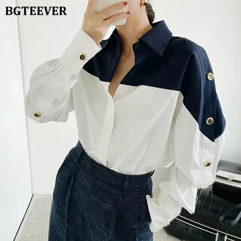 

BGTEEVER Stylish Patchwork Lapel Women Shirts Long Sleeve Single-breasted Loose Female Blouses Spring Autumn Ladies Tops