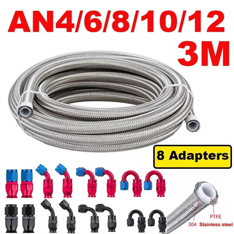 3M 10FT AN4/6/8/10/12 PTFE Stainless Steel Braided Fuel Gas Oil Line Hose Assembly 0+45+90+180 Degree 8pcs End Fitting Adapters