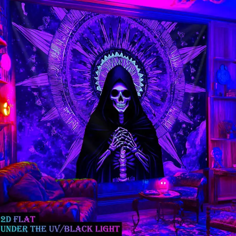 VIKAMA UV Blacklight Grim Reaper Tapestry Purple Hooded Skeleton Sun Mandala Wall Hanging Gothic Glow Dorm Room Decor