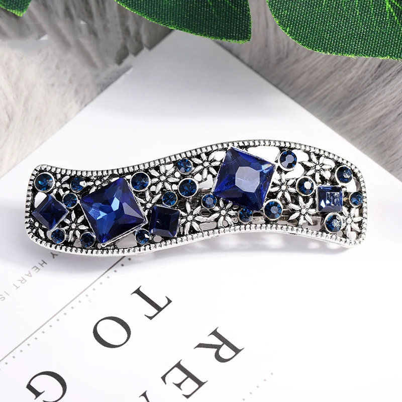 EASYA New Design Blue Rhinestone Hair Barrettes For Women Vintage Crystal Bowknot Flower Hair Accessories Headwear Hair Clips