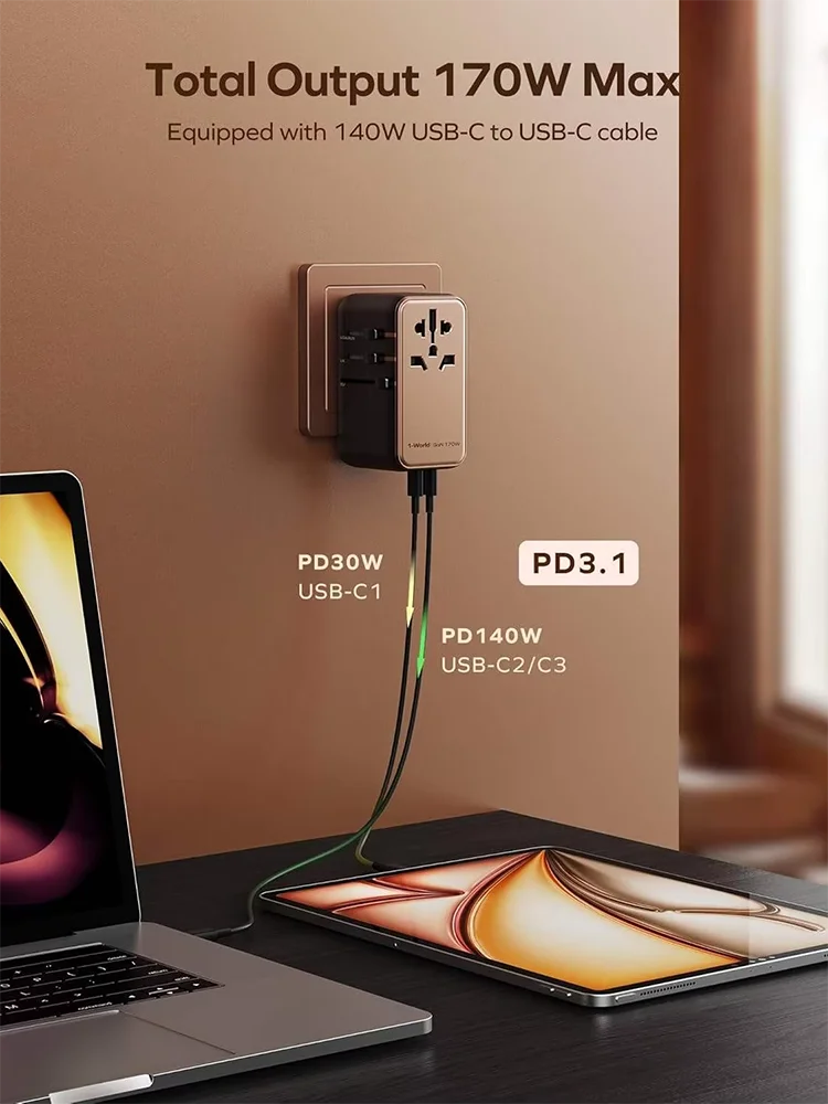 MOMAX Universal Travel Adapter, 170W GaN International Power Adapter, 3 USB-C 1 USB-A, Worldwide Travel Plug Adapter