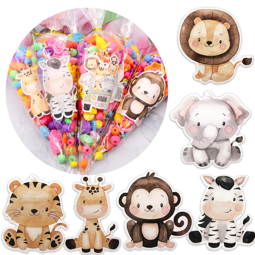 24pcs Cartion Animal Stickers Sweetcone Candy Box Sticker for Kids Jungle Safari Happy Birthday Party Decor DIY Packaging Supply