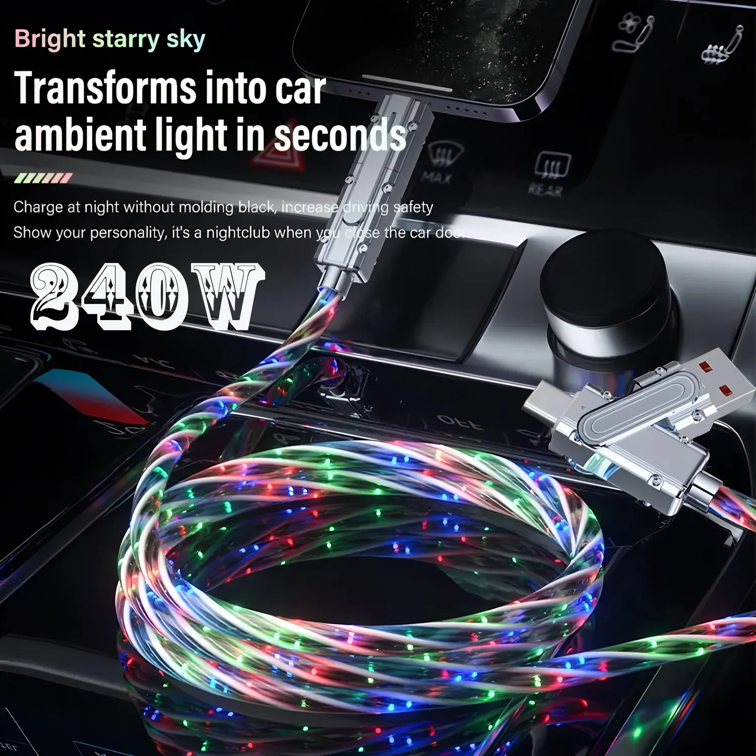RGB 240W 4 In 1 Super Fast Charging Data Cable USB PD To Typ