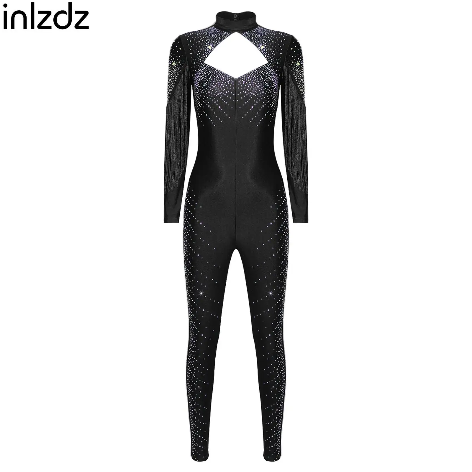 

Womens Fashion Rhinestone Figure Ice Skating Jumpsuit Ballet Latin Modern Dancewear Tassel One-piece Rompers Gymnastics Bodysuit